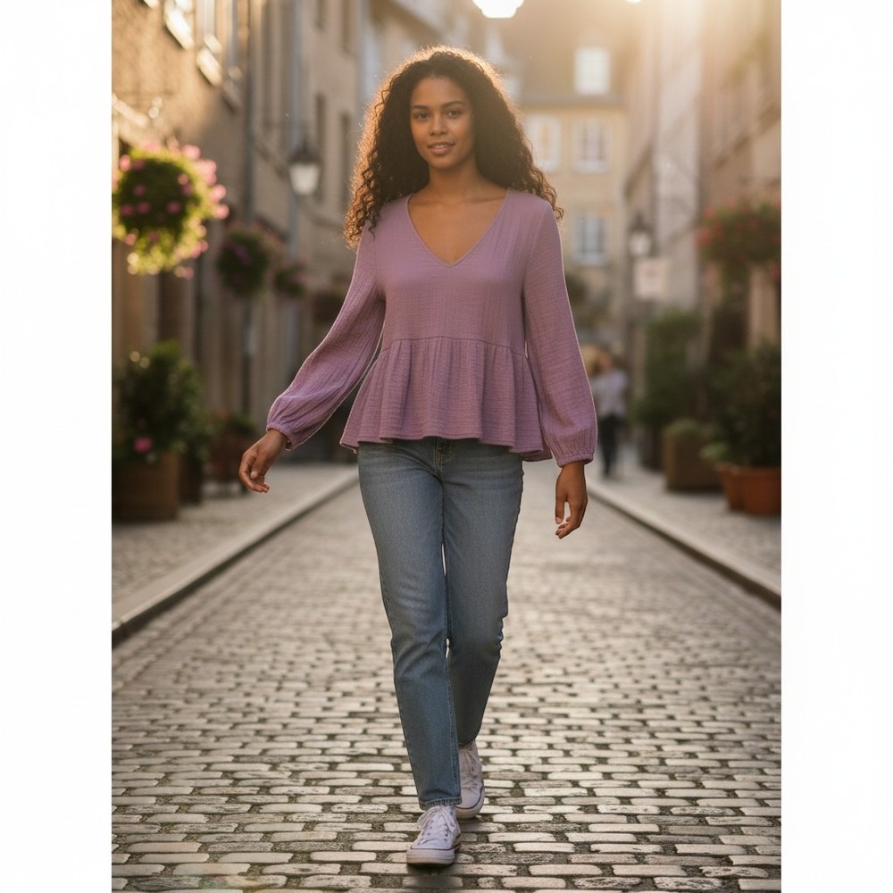 Gap Purple Double Gauze Peplum V-Neck Long Sleeve Blouse Top M /#26781